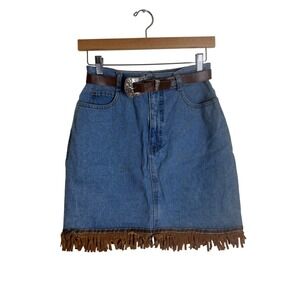Maximum Energy Denim Skirt Women's Western Fringe Belted Blue size 7 rodeoze 7
